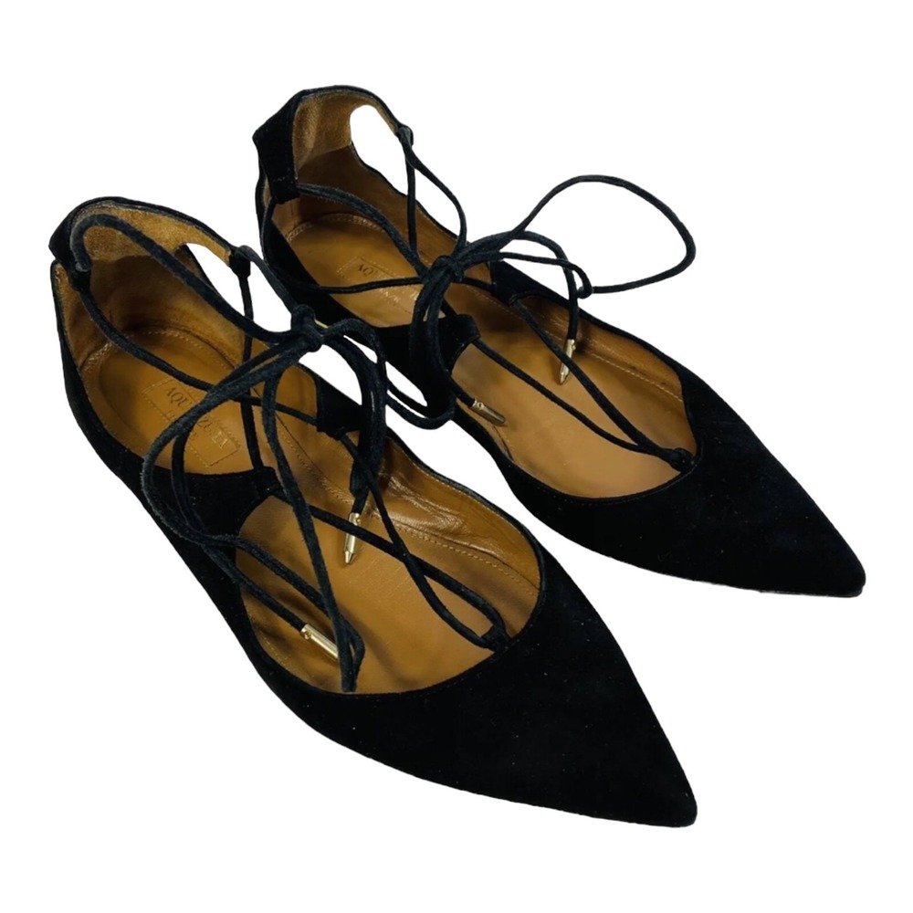 Aquazzura Black Suede Leather Pointed Lace Up Womens Flats Size‎ EU 36.5 US 6.5